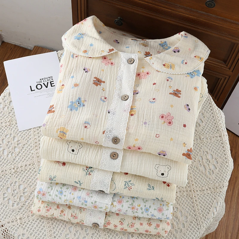 【胸垫款】纯棉女士春夏款双层纱必备单品双口袋蕾丝长袖长裤睡衣套