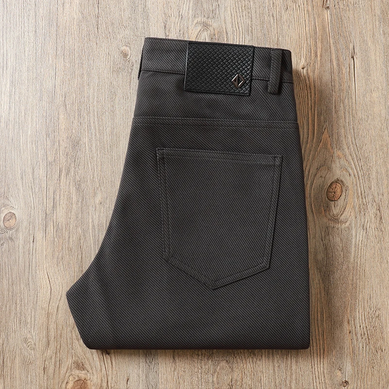 法尔利格秋冬厚款直筒休闲裤男条纹弹力柔软抗皱深灰色商务牛仔裤