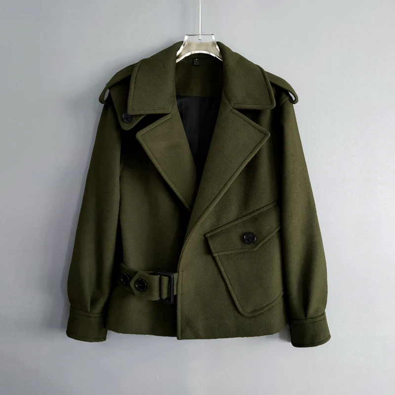 法尔利格羊毛呢夹克外套男秋冬新款帅气大翻领军绿色宽松短款上衣