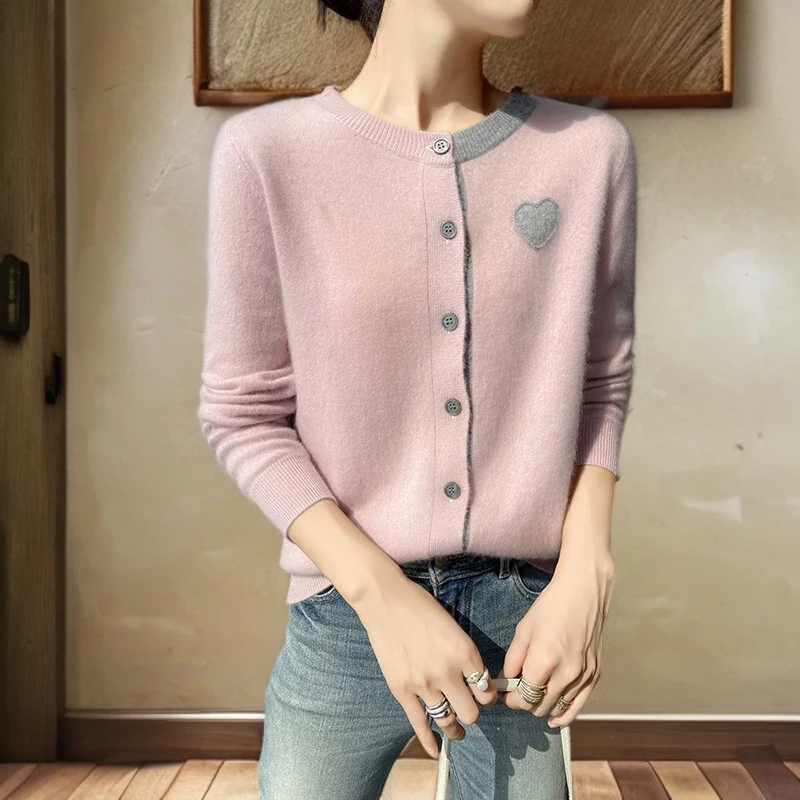 秋冬季百搭新款高端纯羊绒针织开衫洋气圆领羊毛外搭女装低领毛衣