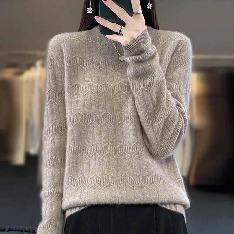 2024秋冬新款100纯羊毛衫女圆领镂空宽松百搭羊绒打底针织衫上衣