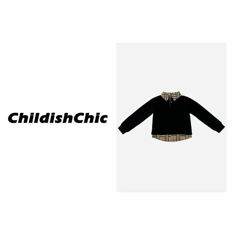 【ChildishChic高定童装】儿童高定格纹长T恤加绒拼接时尚卫衣