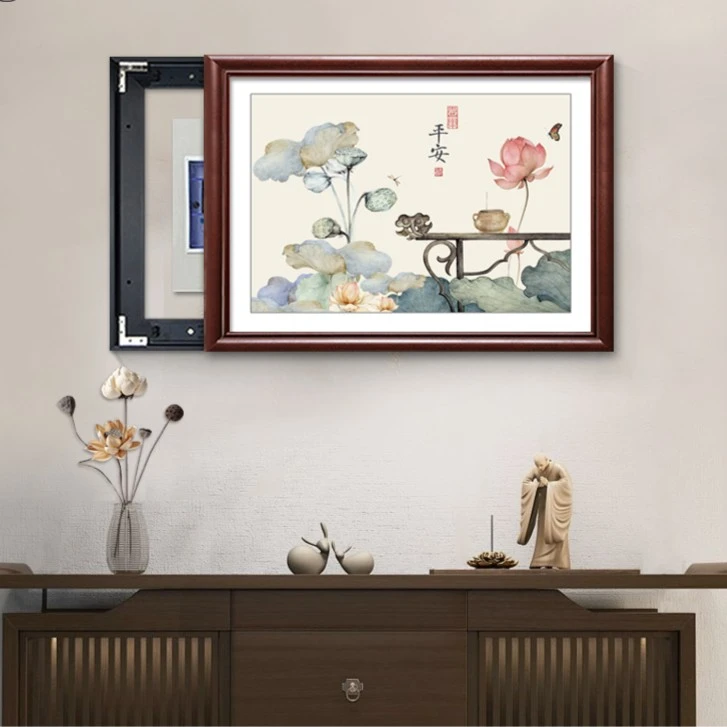 荷花新中式实木电表箱装饰画免打孔电闸盒遮挡配电箱电源开关挂画