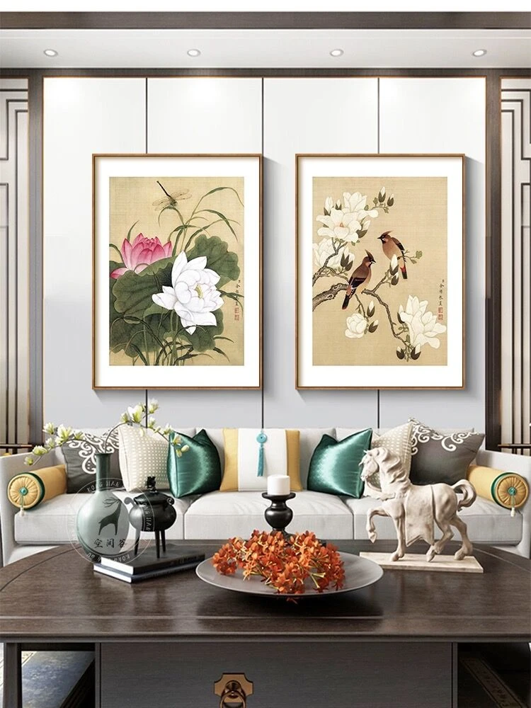 新中式花鸟国画客厅玄关荷花装饰画沙发背景墙面壁画餐厅竖版挂画