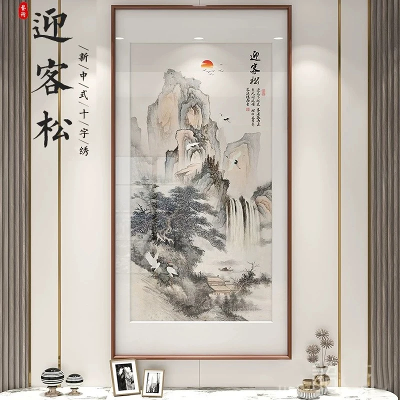 迎客松进门玄关走廊过道装饰画山水画风景国画竖款新中式旭日东升