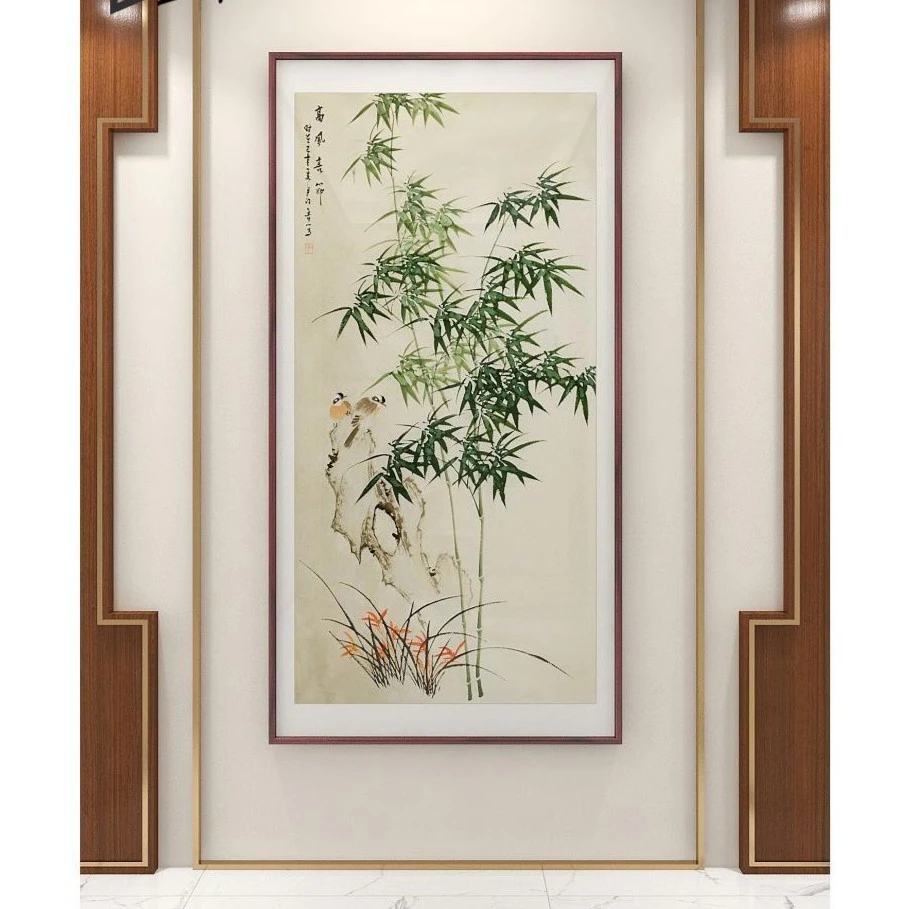 竹子挂画新中式玄关装饰画入户走廊书房壁画水墨国画竹报平安竖版