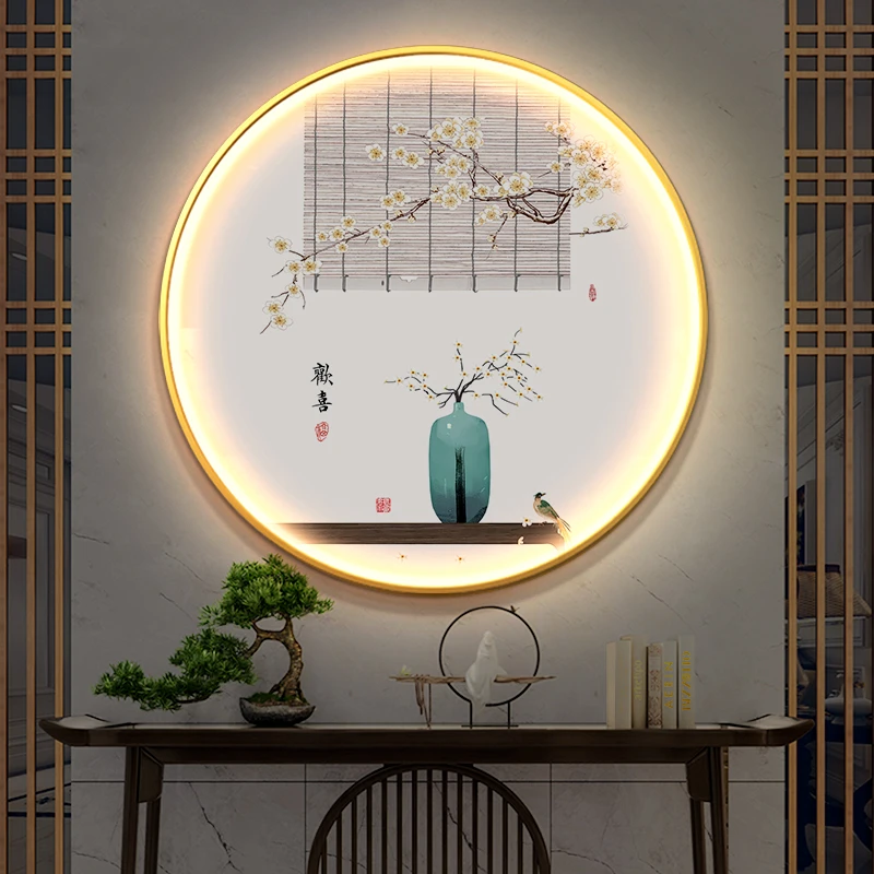 新中式装饰画入户玄关过道茶室软装圆形带灯禅意花瓶发光挂画富贵