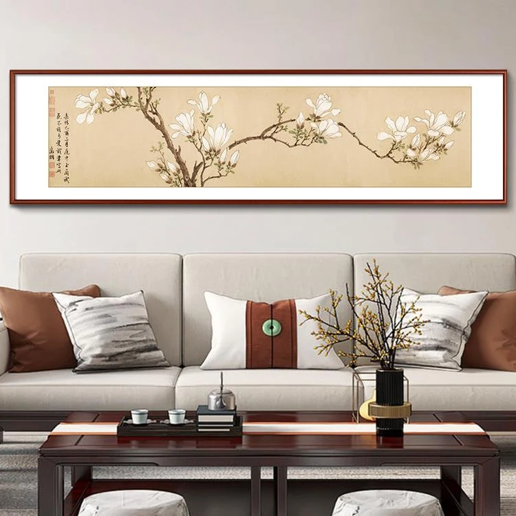 文徵明新中式白玉兰挂画沙发背景墙壁画客厅书房茶室装饰画床头画