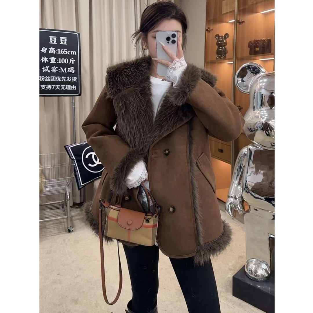 【湘湘定制】欧货冬季新款大翻领双排扣中长款皮毛一体外套女