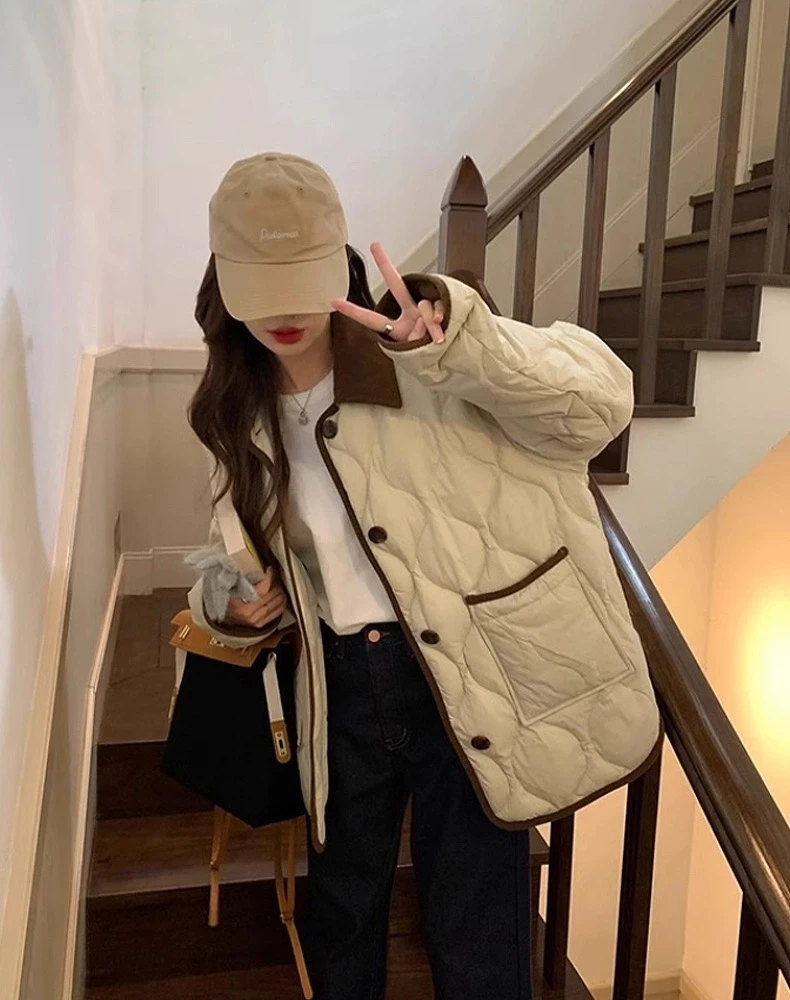 小香风棉服菱格棉服翻领学生棉衣2024年秋冬新款棉衣轻薄棉衣