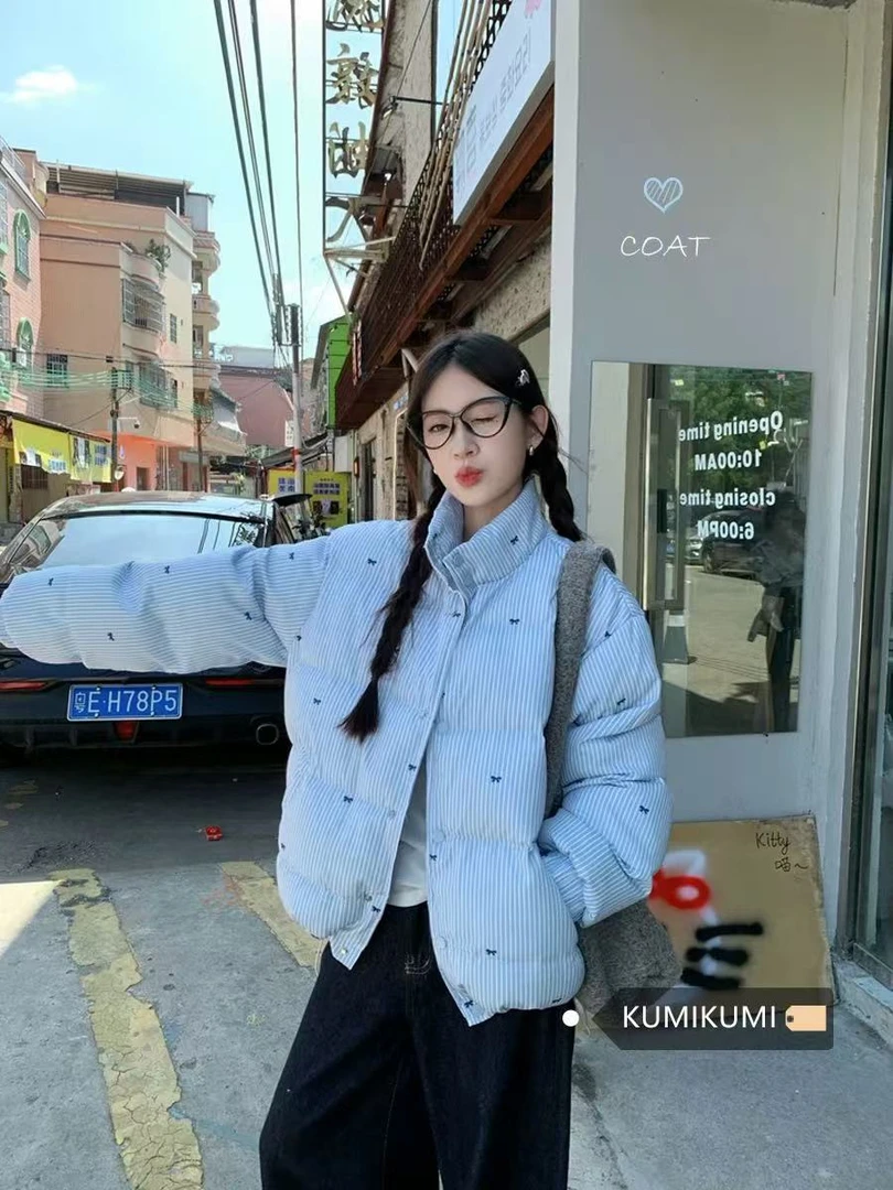 蝴蝶结蓝色棉服女加厚过冬韩版学生棉衣冬季面包服外套百搭棉服