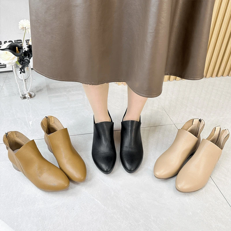 【气质优雅】2024新款纯皮女鞋尖头粗跟时尚百搭单鞋软底软面短靴