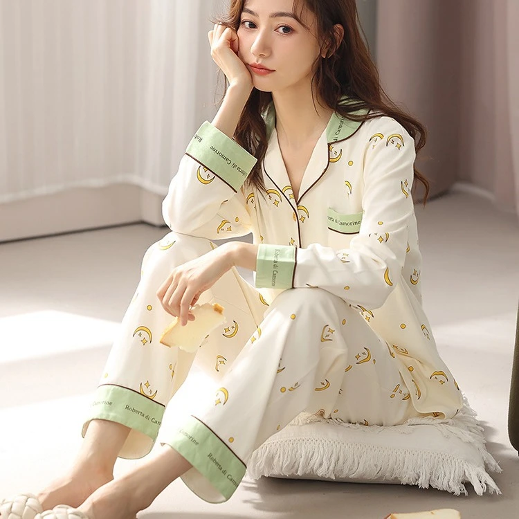 春秋季女士长袖睡衣舒适家居服套装可外穿