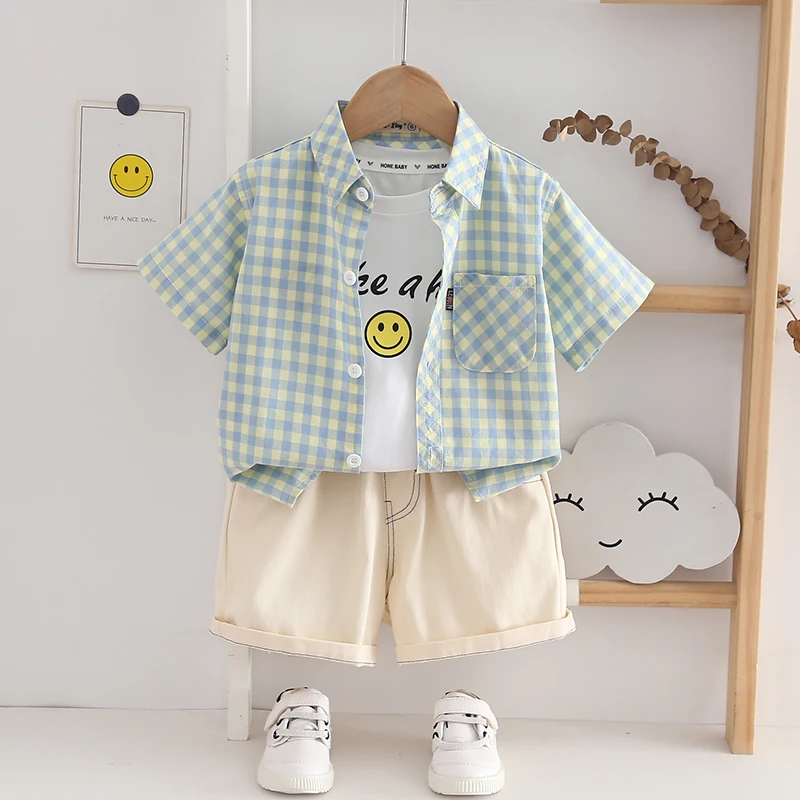 A类全棉 2025儿童短袖衬衫夏装透气薄款宝宝休闲男童小童格子衬衣