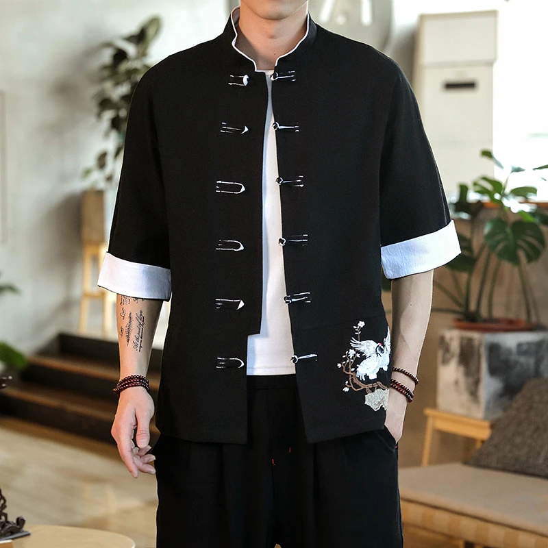 2023中国风男士撞色扣子复古重工刺绣七分短袖新中式唐装衬衫黑色