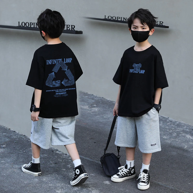 【100%纯棉】实体专柜童装男童字母夏款中大童宽松时髦儿童短袖T恤