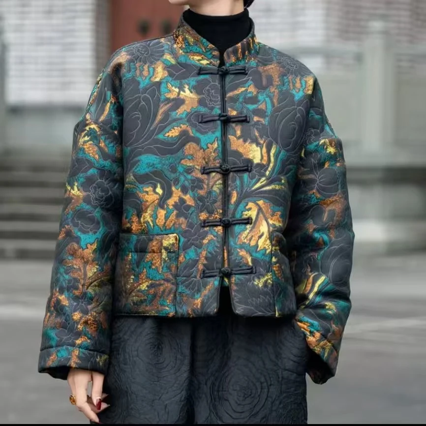 红熹潮[HXC24078彩色]新款冬季网红提花新中式设计师短款棉服外套