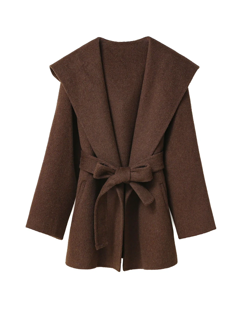 双面呢毛呢中长款大衣宽松设计师时尚连帽外套3W30