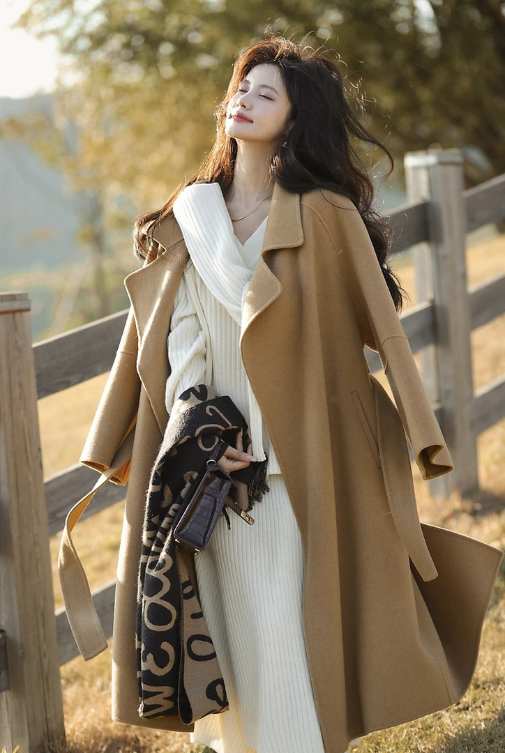 3F11高端双面呢中长款大衣宽松设计师时尚西装领外套