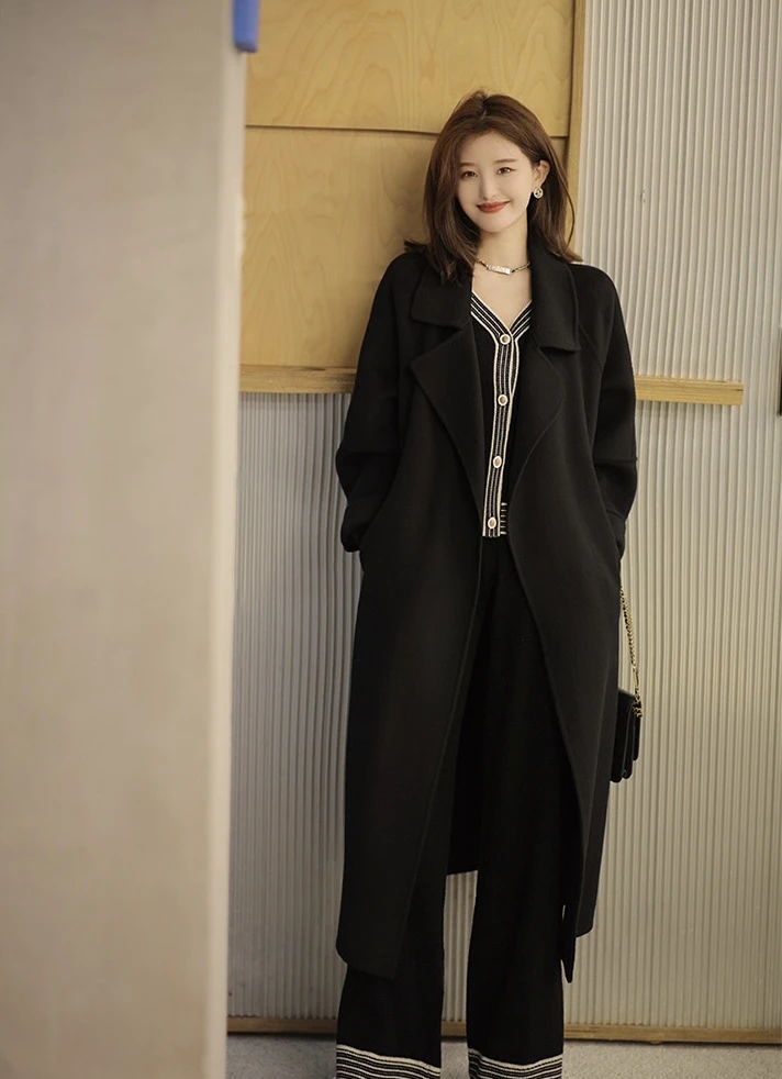 L & L 云云【百利甜】双面呢长款大衣宽松设计师时尚西装领外套3F11