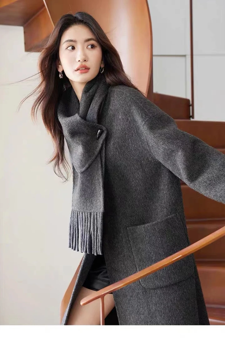 4W14羊毛双面呢中长款大口袋围巾款大衣