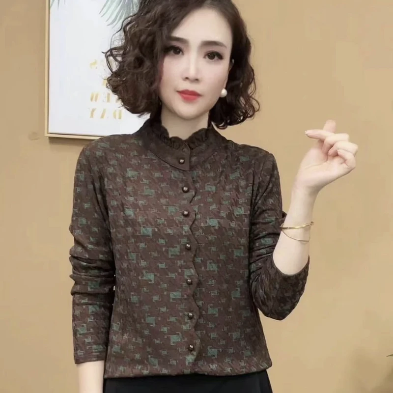 妈妈装秋冬新品时尚洋气百搭木耳边长袖打底衫女士加绒保暖上衣