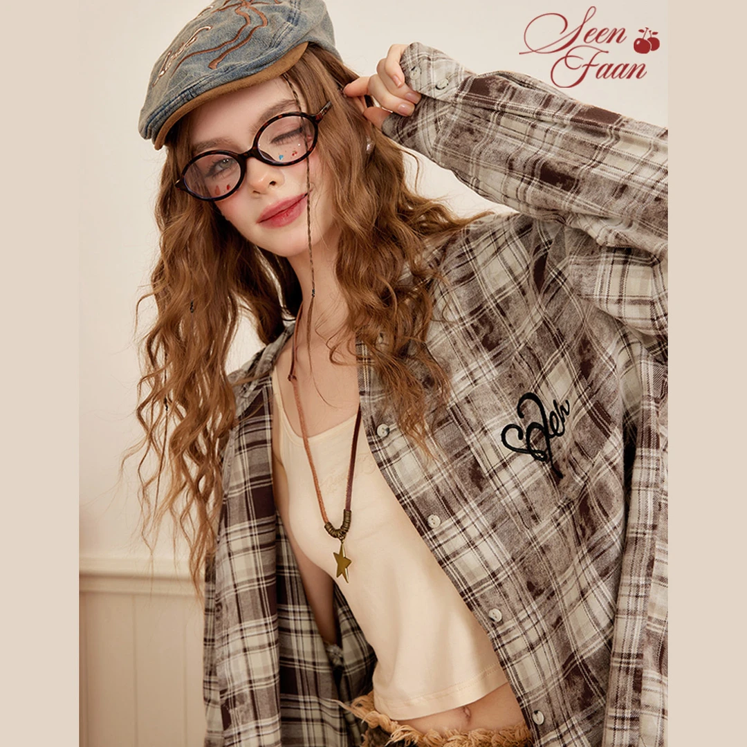 SEENFAAN盛放春季新款拼色格子复古刺绣衬衫女宽松毛边下摆设计感