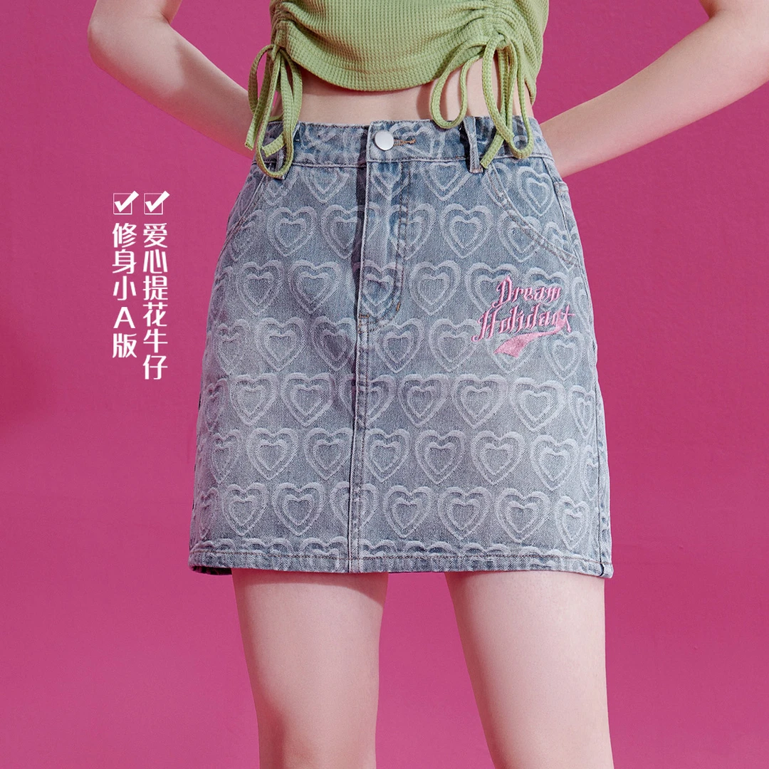 SEENFAAN盛放少女感牛仔短裙爱心提花休闲半身裙DSS008