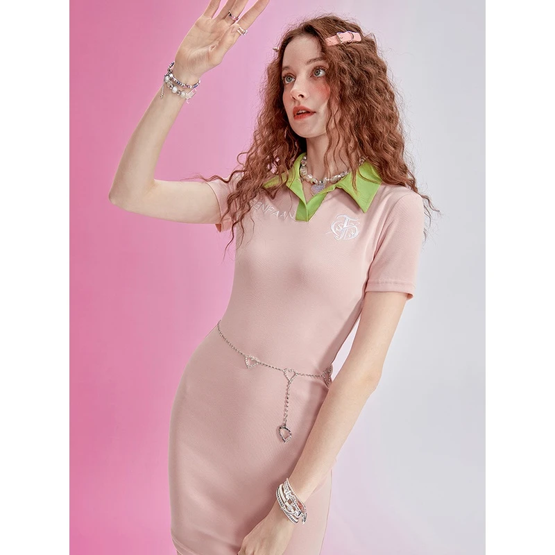 SEENFAAN盛放辣妹开叉短袖连衣裙修身撞色V领裙子女DSQ013