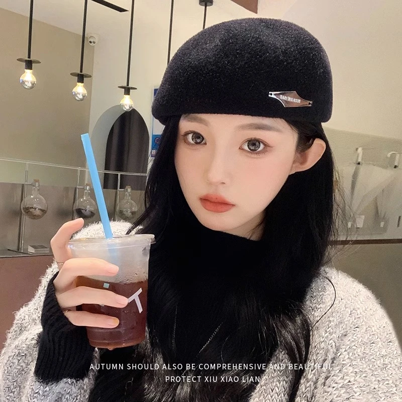 帽子女2023新款贝雷帽韩系显脸小反戴前进帽秋冬季针织百搭画家帽