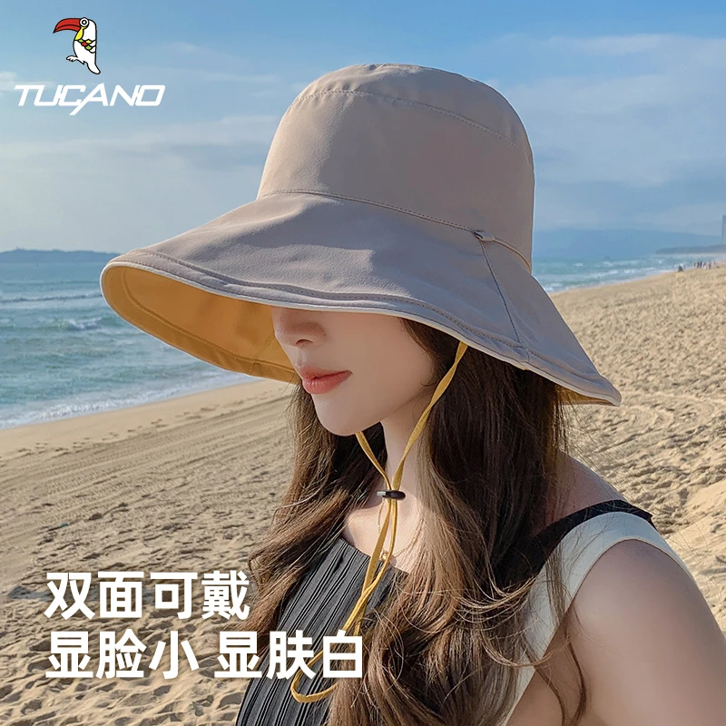 大帽檐双面渔夫帽女夏季防晒遮阳帽防紫外线户外大沿遮脸太阳帽子
