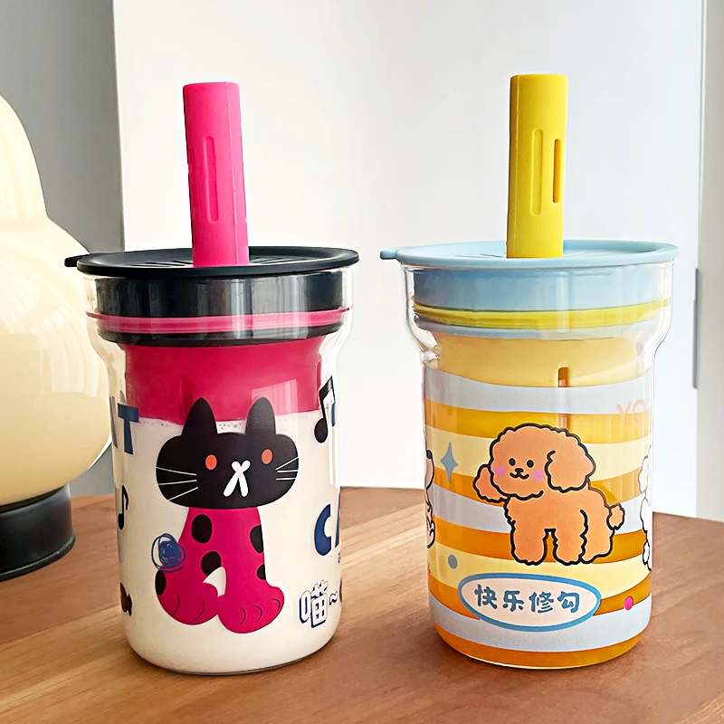 耐高温茶水分离玻璃杯高颜值卡通水杯可爱女生泡茶杯牛奶吸管杯子