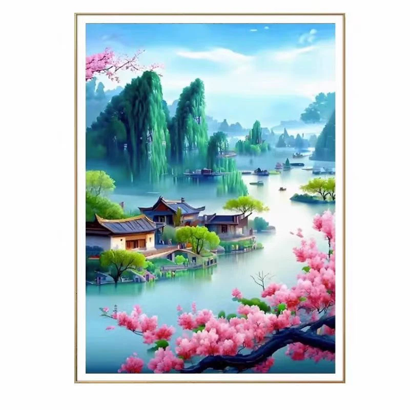 十字绣：山水桃花源-大格四股绣60*85厘米 ​，白布40色满绣.