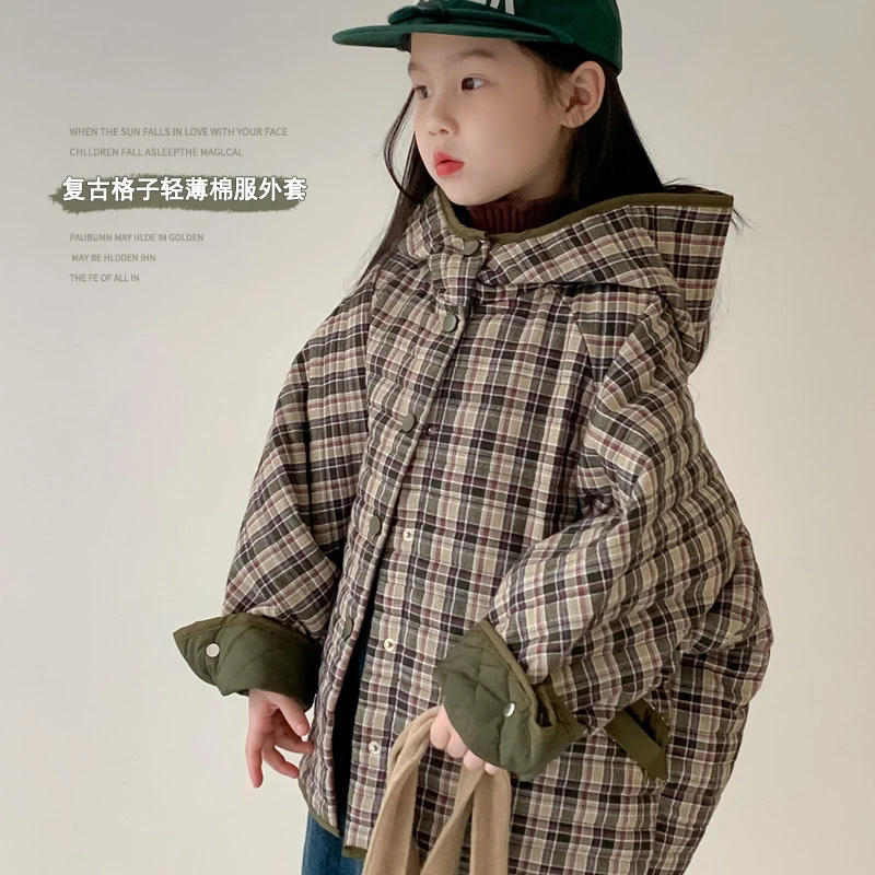 女童复古格子轻薄棉服初冬季2023新款洋气儿童女宝宝深秋二棉外套