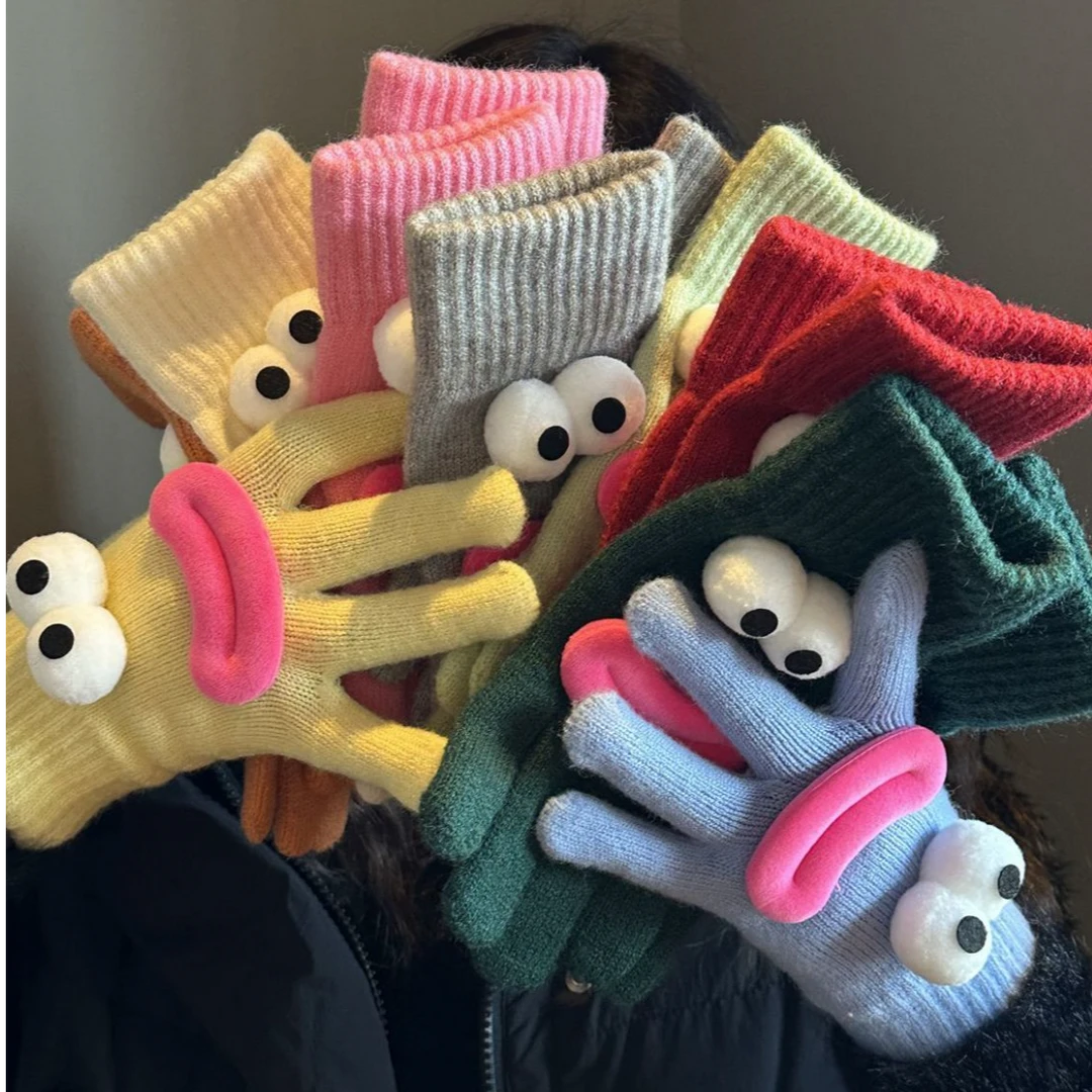 韩版搞怪针织手套女冬季保暖可爱卡通学生露指可触屏分指毛线手套