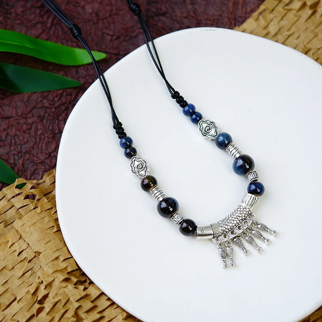 合金陶瓷吊坠 民族风多鱼项链女国风新中式吊坠女陶瓷锁骨链饰品