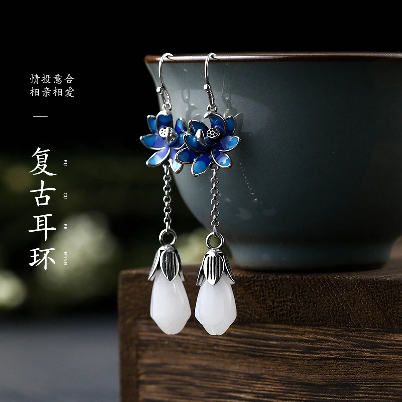 铜合金珐琅耳饰 中国风古风配饰镶玉兰花莲蓬复古古代女耳环耳坠
