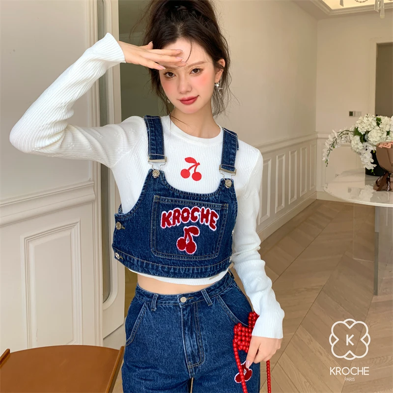 【美娇粉丝专属】Kroche 毛巾绣吊带高腰牛仔裤两件套