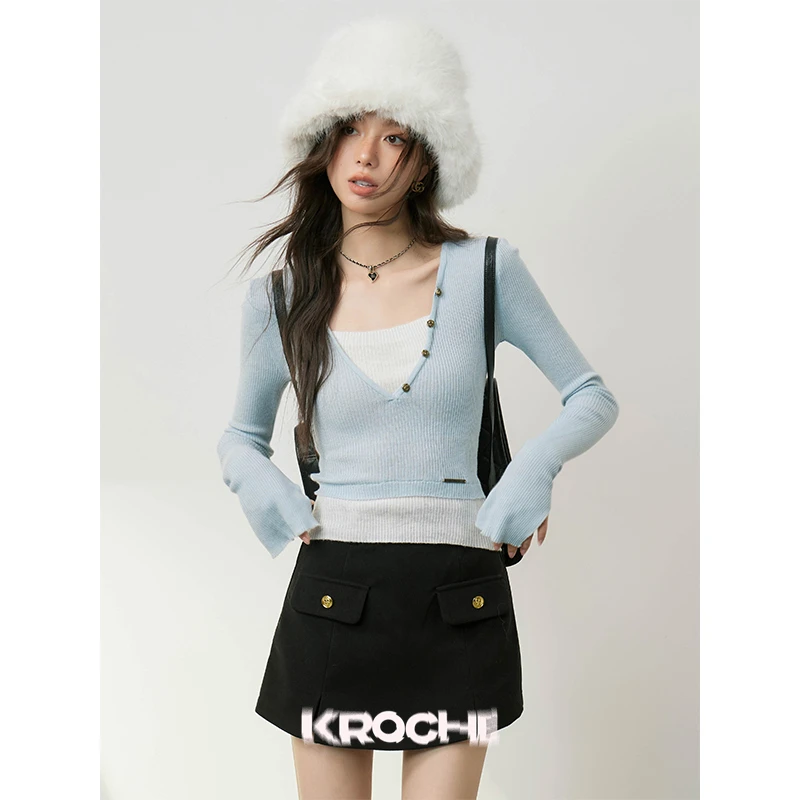 【雪宝粉丝专享】Kroche 撞色拼接V领假两件针织打底 K23285