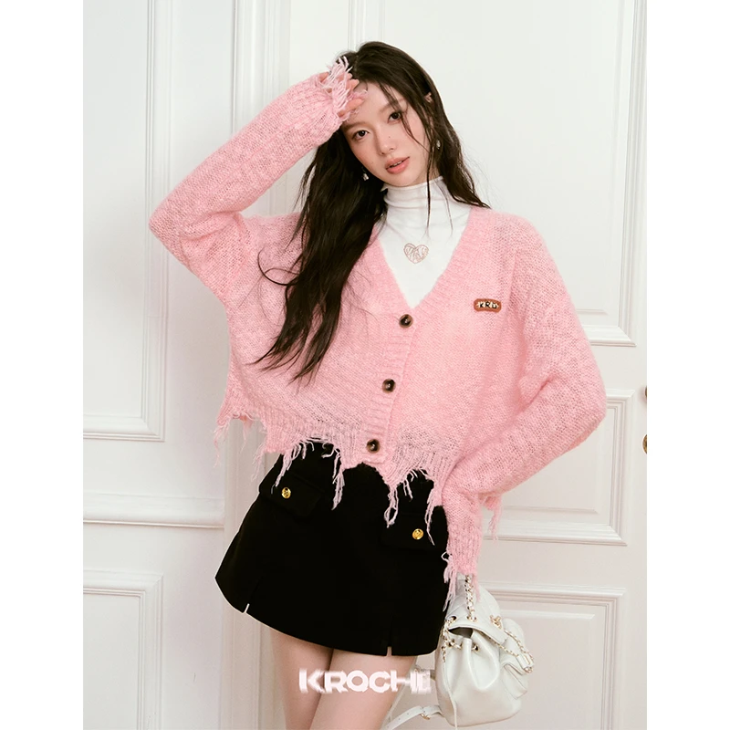 【小呆鸟专享】 Kroche 设计感破洞毛边V领宽松针织开衫