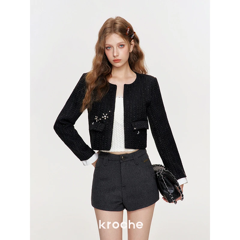 4398【金拐子专属】Kroche 24aw 巴黎夜曲 袖口拼接粗花呢外套