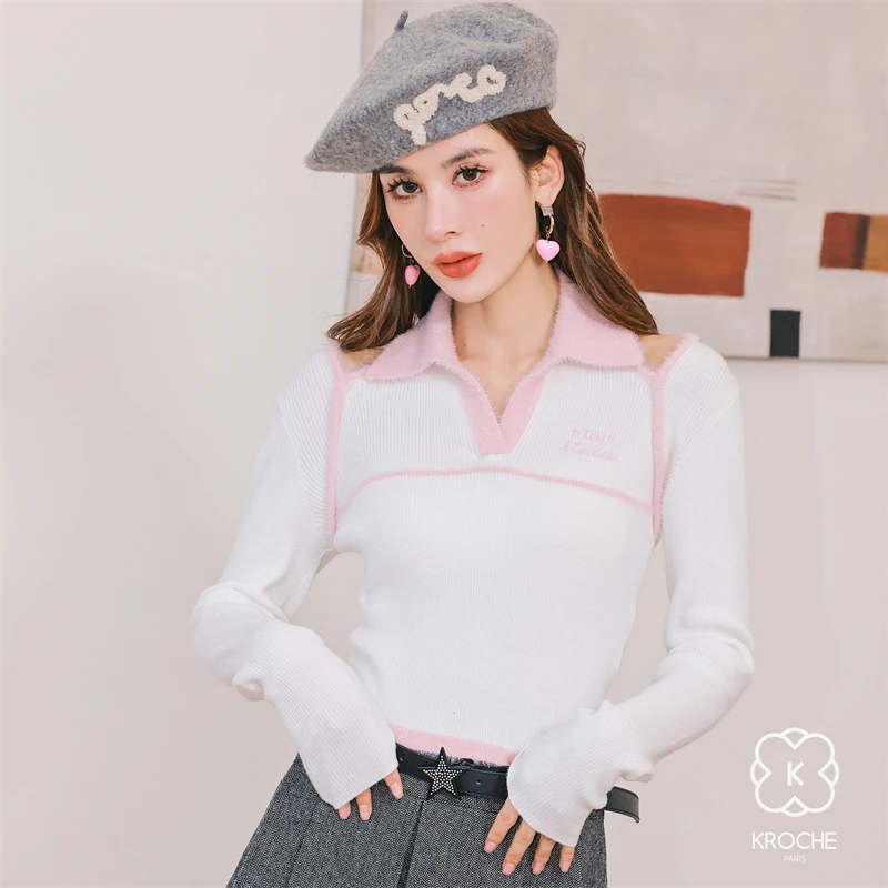 【小呆鸟专享】 Kroche 肩部开口毛条拼色打底衫