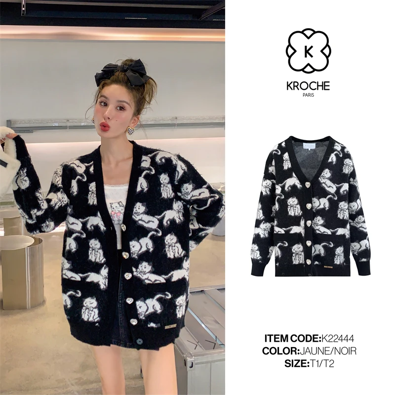 【美娇粉丝专属】Kroche 猫咪提花拉毛针织开衫