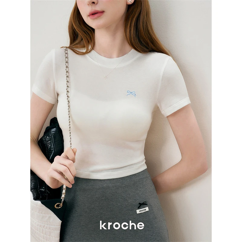 4185【金拐子专属 24ss bowknot 蝴蝶结刺绣薄透修身短袖T恤