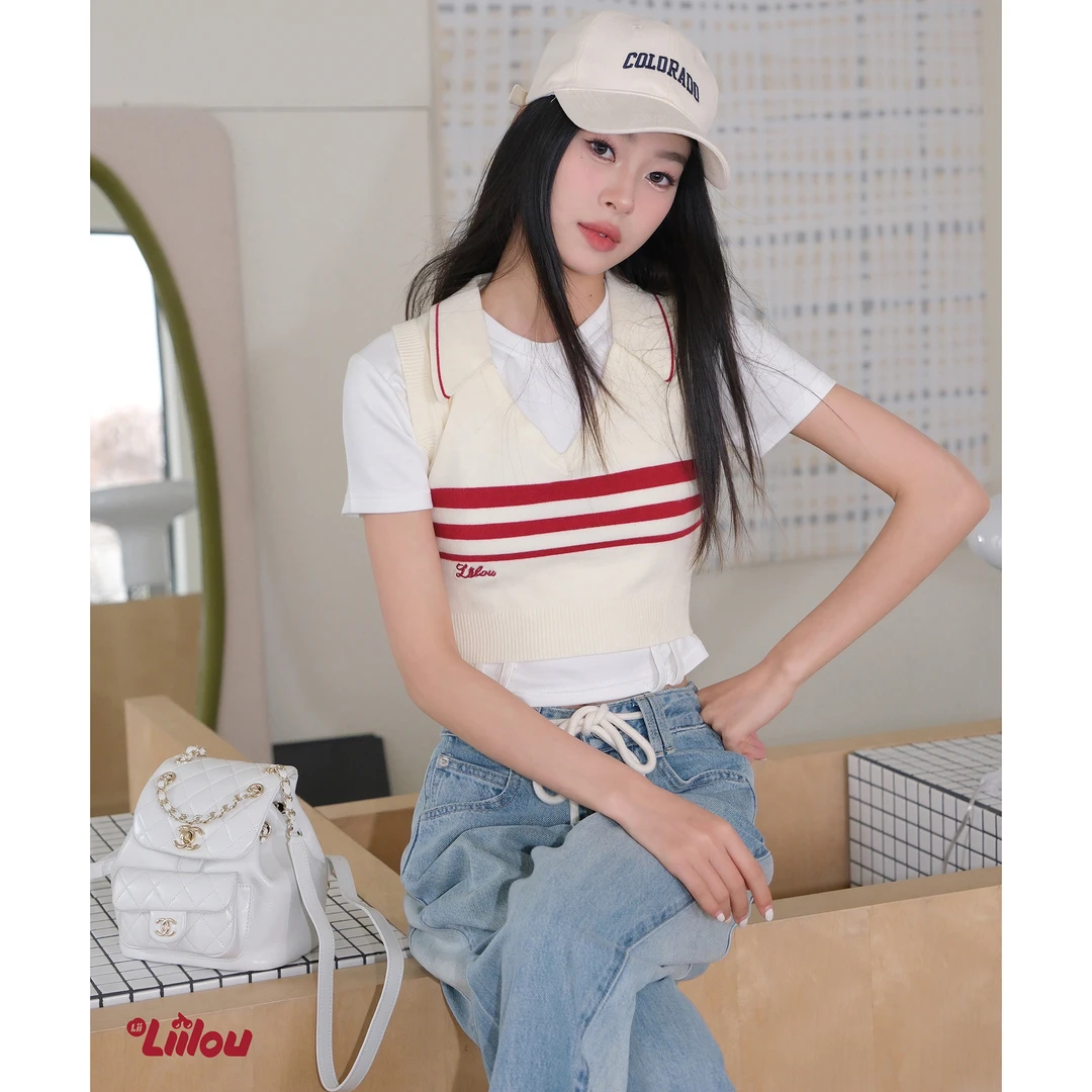 3091【金拐子专属】Liilou V领翻边撞色条纹修身短款马甲背心