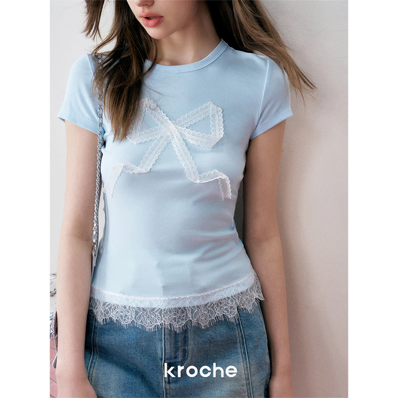 4194【金拐子专属】Kroche 24ss 立体蝴蝶结 蕾丝拼接修身短袖t