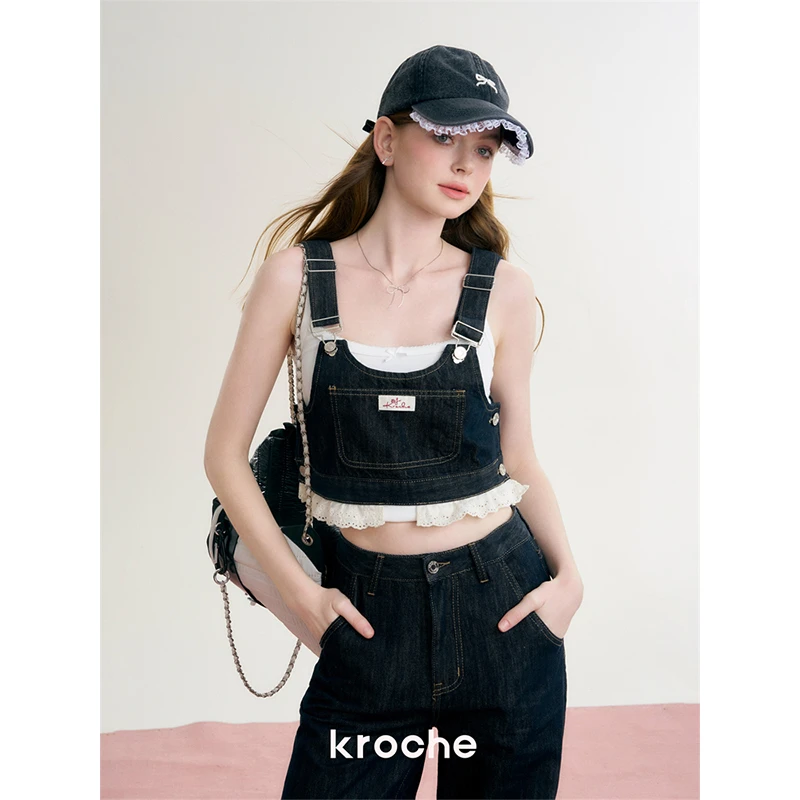 4170【金拐子专属】Kroche 24ss 蕾丝拼接 牛仔分体背带裤两件套