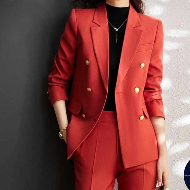橘红色西装套装女2025秋新款高级感气质女神范西服马甲裤子三件套