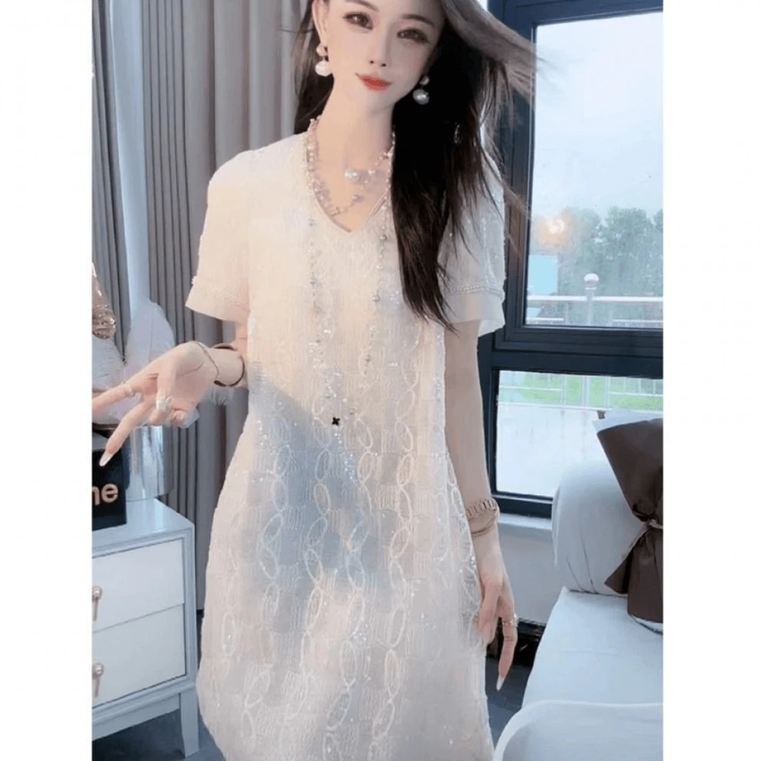 亮片女装连衣裙显瘦气质休闲百搭夏短袖裙K1572