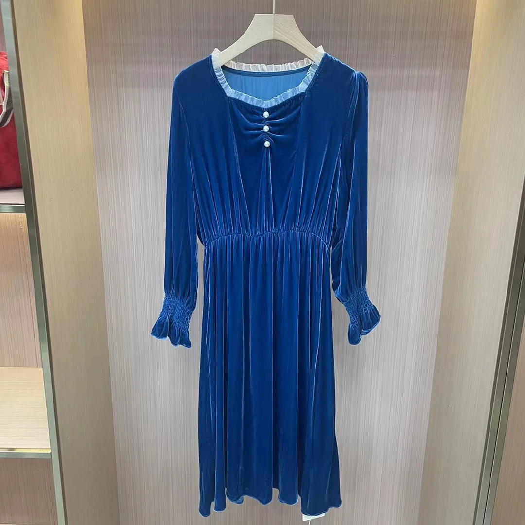 【LJWM】桑蚕丝丝绒长袖连衣裙 A1005